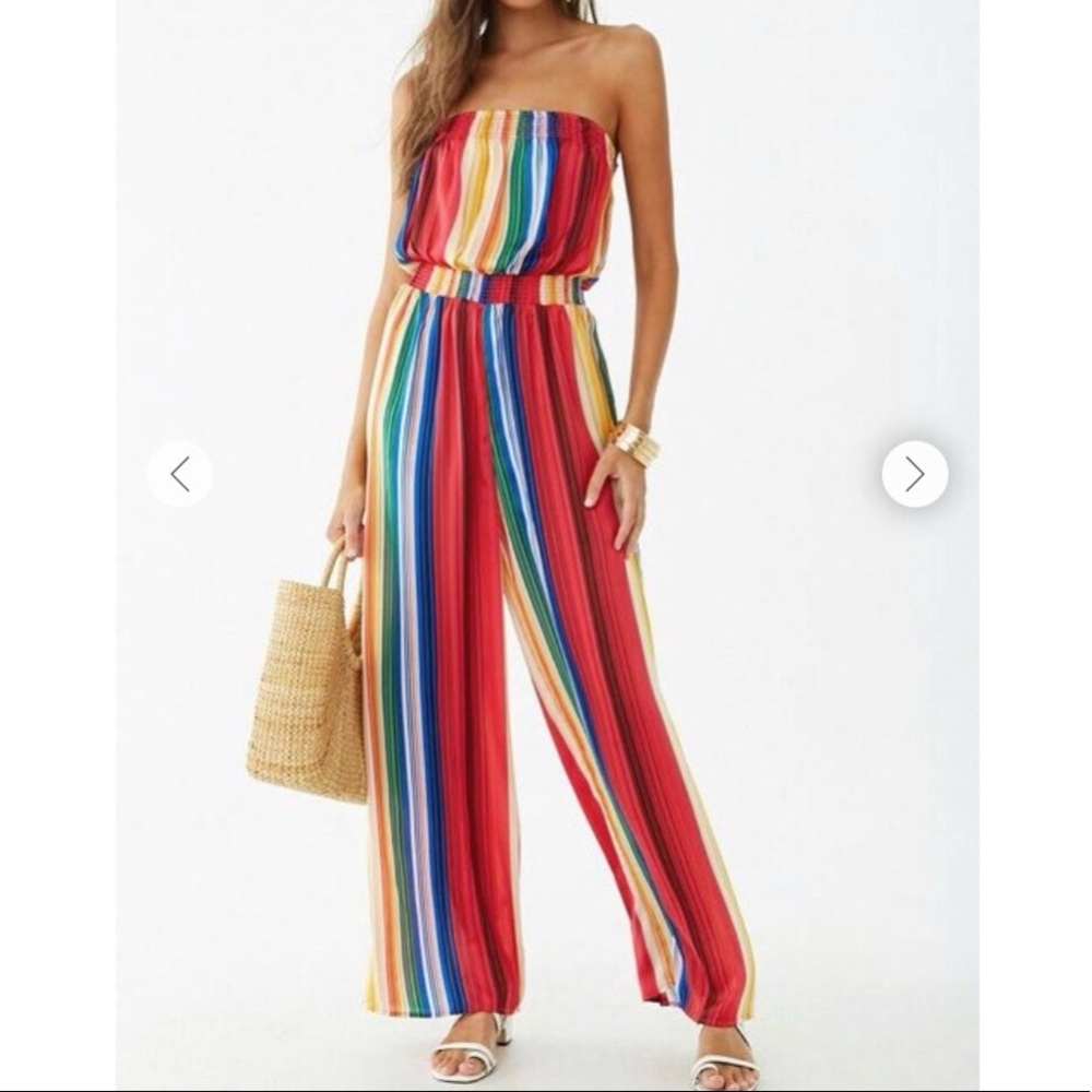 Forever 21 Strapless Rainbow Striped Satin Palazzo Jumpsuit Size S